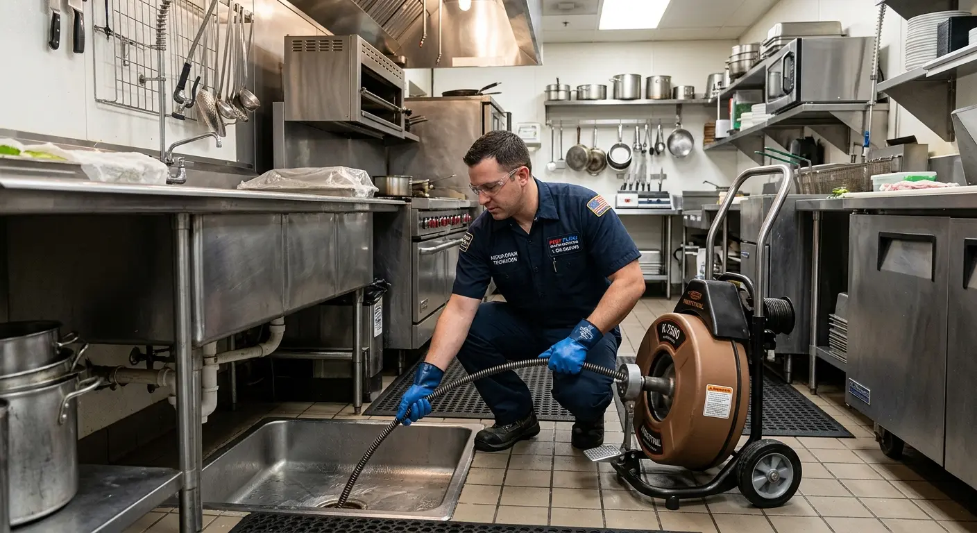 Commercial drain cleaning service in a restaurant kitchen in Oakley