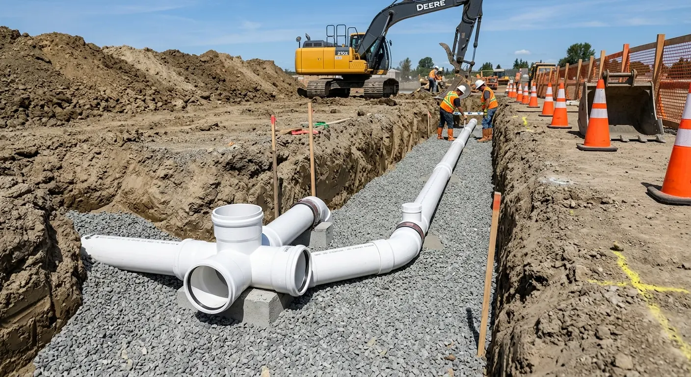 New PVC sewer pipe installation in open trench for Sewer Backup in Oakley