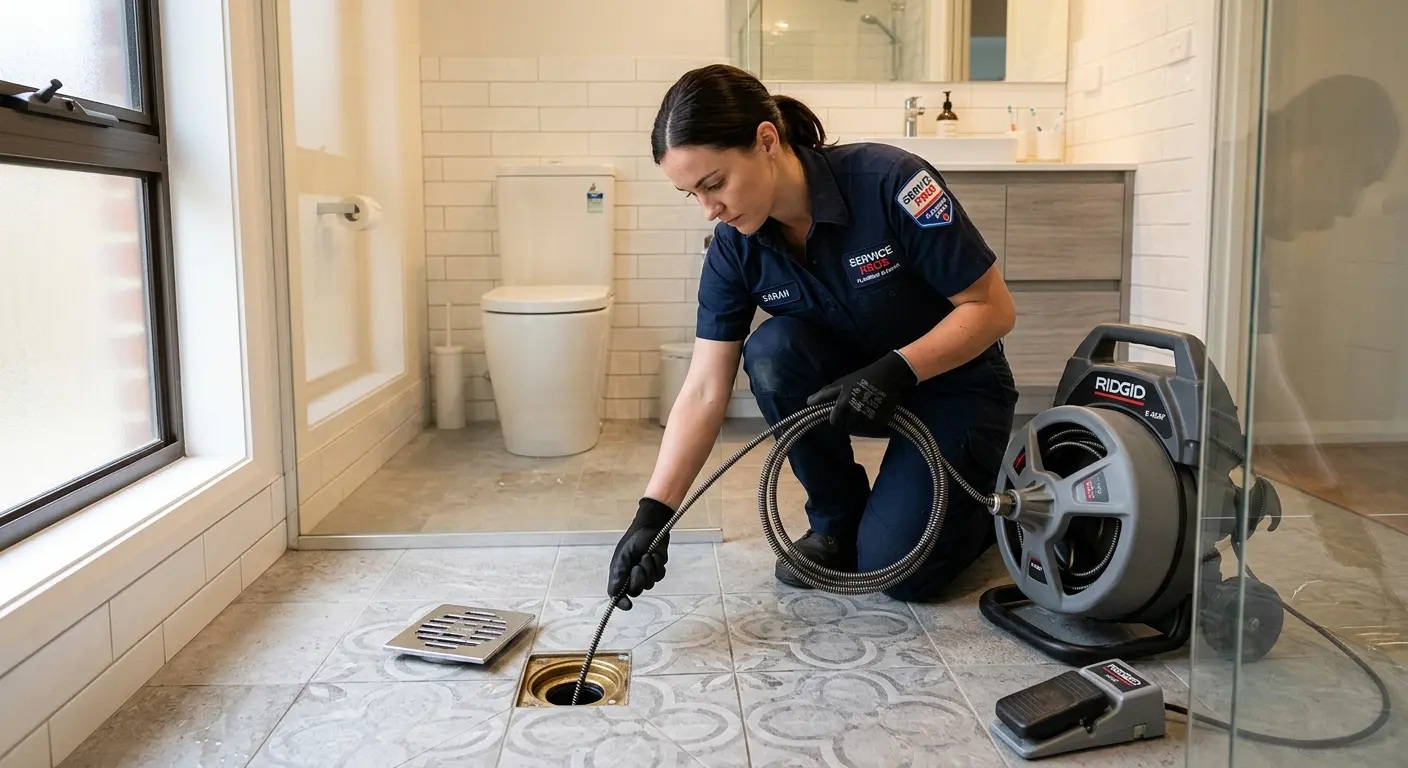 Technician clearing a bathroom floor drain for Sewer Line Replacement in Oakley